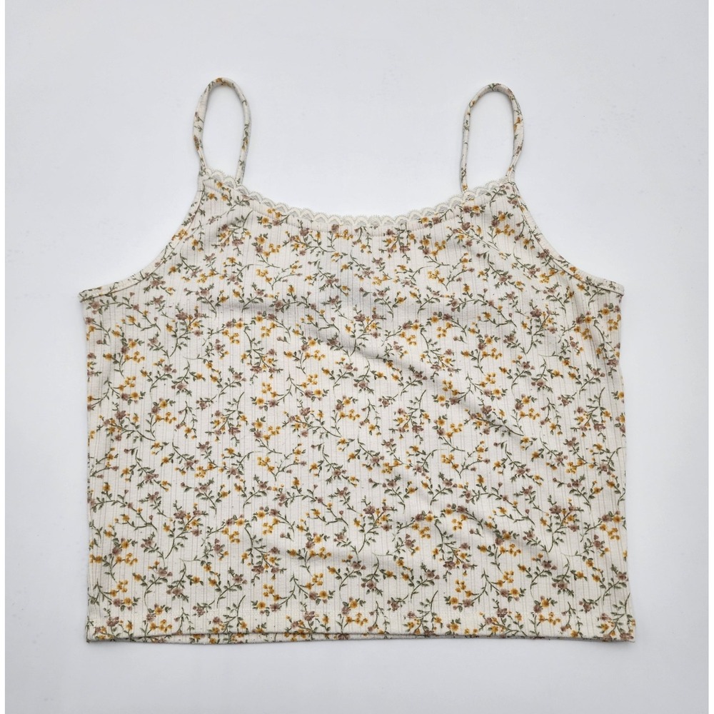 Forever 21 Cream cropped floral tank‎ top lace accents Y2K Cami Womens L